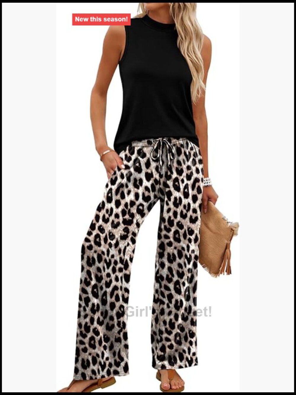 Sleeveless Black Top with Leopard Print Wide-Leg pants and top